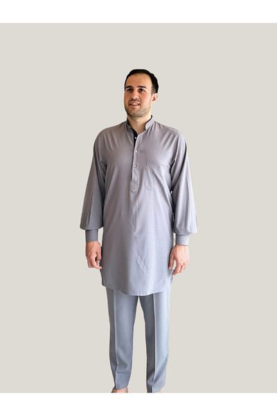 Beratnur Men's Berat Hajj and Umrah Outfit Double Bottom Top Viscose Afghan Suit Gray