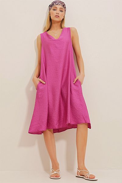 Trend Alaçatı Stili Women's Violet V-Neck Double Pocket Aerobin Woven Dress ALC-X10341