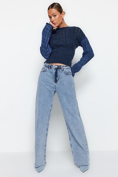 Trendyol Collection Indigo Crop Soft Textured Openwork/Hole Blouse Sweater Knitwear Set TWOAW24KZ00099