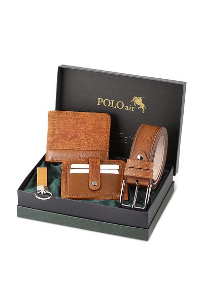 Polo Air مجموعة حامل بطاقات ومحفظة وحزام وسلسلة مفاتيح بلون أسمر في صندوق هدايا