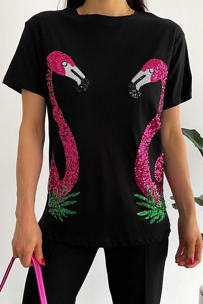 FEMELLE Tricou negru din bumbac brodat cu paiete Flamingo New Season pentru femei