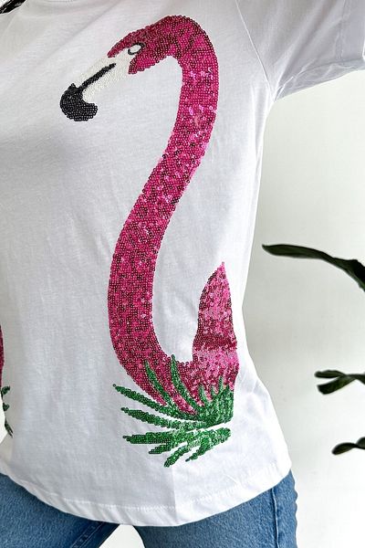 FEMELLE Tricou din bumbac brodat cu paiete cu paiete Flamingo, alb, nou sezon