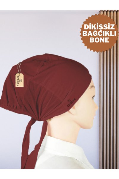 Tergek Seamless Lace-Up Bonnet Claret Red Cotton Combed Tied Women's Hijab Headscarf Scarf Turban Inner Cap