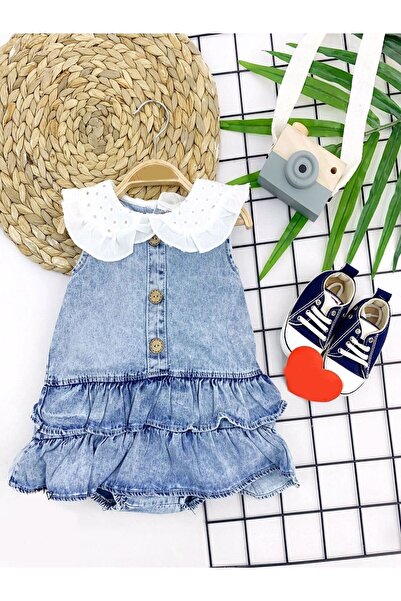 Trias Bazaar Fırfır Etekli Kot Kumaş Bebe Yakalı Bebek Elbisesi