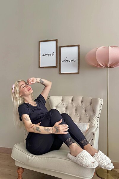 Pijamaevi Σετ πιτζάμες με πλεκτή λαιμόκοψη με λαιμόκοψη Navy Blue με λεπτομέρειες