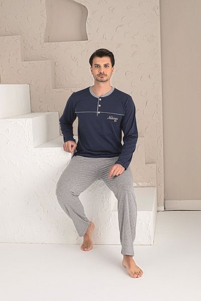 KAPİTEX Ανδρικές πιτζάμες Indigo Color με μακριά μανίκια και έξι μακριές τσέπες με τρία κουμπιά