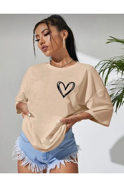 Revasser Minimal Heart Printed Light Beige Oversize