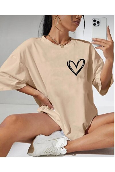 Revasser Minimal Heart Printed Light Beige Oversize