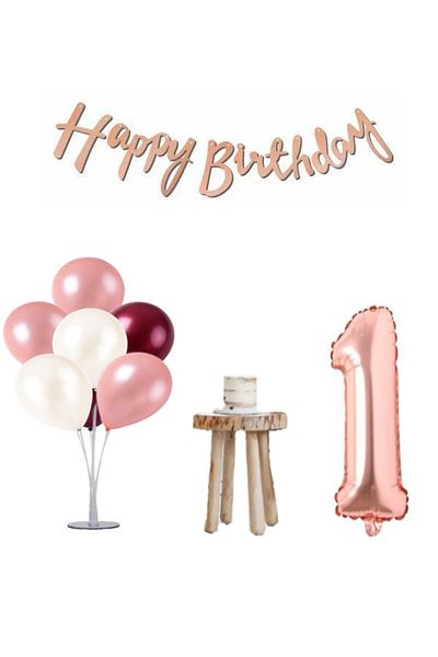 LOTUS PARTY 1 Year Old Rose Gold and Claret Red Minimal Birthday Set - Balloon Stand, Number and Happy Text