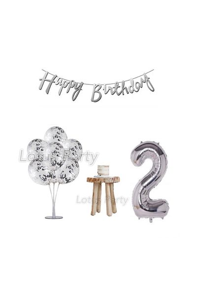 LOTUS PARTY Σετ για πάρτι γενεθλίων 2 ετών Silver Minimal Ασημένια παγιέτα Ασημένιο αριθμό Ασημένιο Happy Text
