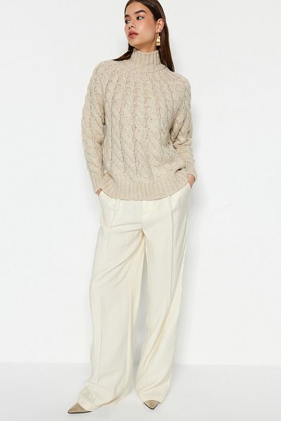 Trendyol Collection Stone Soft Textured Hair Braided Knitwear Sweater TWOAW24KZ00085