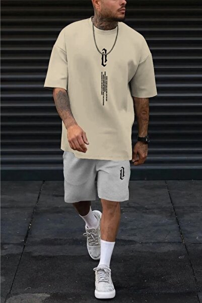 MYDARKSTYLE Men's Vertical Printed Oversize Gray Shorts Mink T-Shirt Set