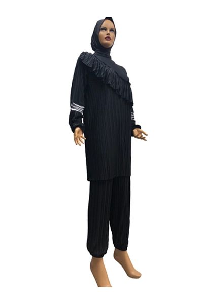 eflin Women's Clothing Black Pleated Cross Gathered Full Covered Hijab Swimsuit Large Size