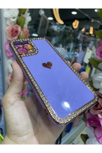 OVADA Iphone 12 Pro Uyumlu Kamera Korumalı Taş Çerçeve Detaylı Kalpli Silikon Kılıf