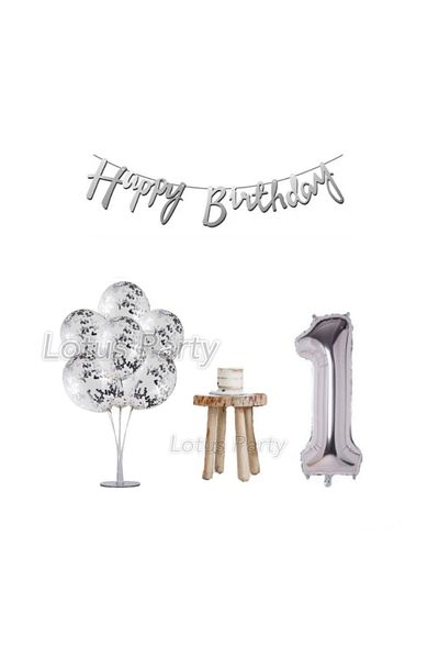 LOTUS PARTY 1 Year Old Silver Minimal Birthday Party Set Balloon Stand Silver Flake Silver Number Silver Happy Text