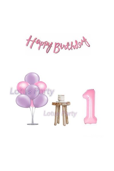 LOTUS PARTY Σετ για πάρτι γενεθλίων 1 έτους Pink Minimal Stand Balloon Pink Figure Foil Balloon Pink Happy Text