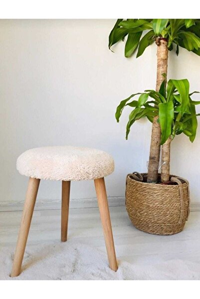 elissa home Retro Ağaç Ayak Rahat Oturum Alanlı Krem Renk Puf Tabure Bench Ma...