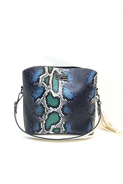 womenacs Culoarea bleumarin cu model Anaconda poate fi folosită în mâini și cu curea de umăr, cu o mulțime de ochi și accesorii cu ciucuri