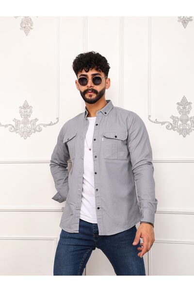 Viranes Gri Çift Cep Kapak Çıtçıtlı Kot Gömlek