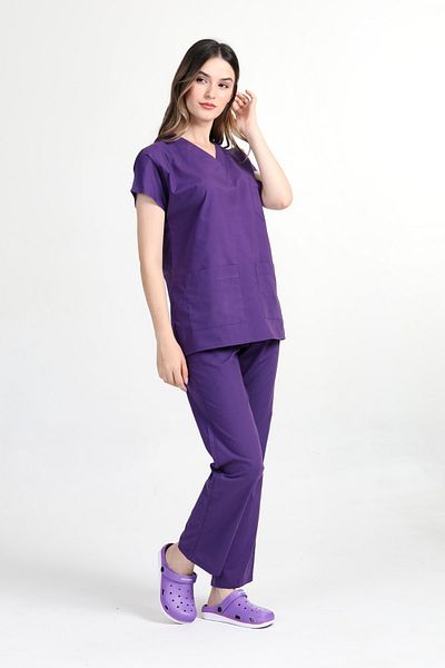 BAŞAK Purple Lycra Cotton Scrubs - Yarasakol Doctor Nurse Jersey Set