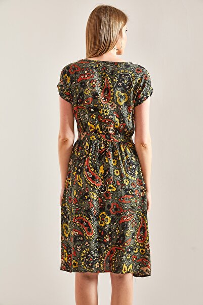 Bianco Lucci Damska sukienka midi z krótkim rękawem i etnicznym wzorem, z elastyczną talią