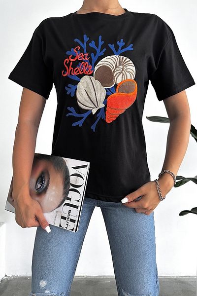 FEMELLE Tricou negru din bumbac cu broderie de scoici de damă