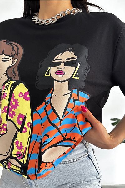FEMELLE Tricou de damă negru din bumbac imprimat New Season