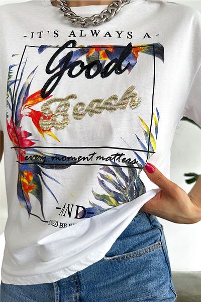 FEMELLE Tricou din bumbac brodat cu paiete, alb, sezon nou Good Beach