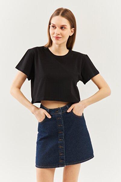 Butikgiz Μαύρο Oversize Άνετο μπλουζάκι από 100% βαμβάκι με χτενισμένο λαιμόκ...