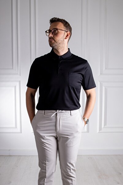 Sarar Μαύρο μπλουζάκι Polo Neck Classic Fit με τσέπες 100% βαμβάκι