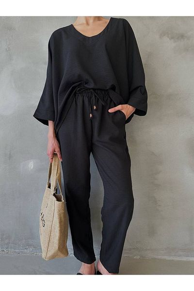 LB Laluna Butik Women's Suit, Relaxed Cut Blouse and Trousers with Elastic Waist Pockets
