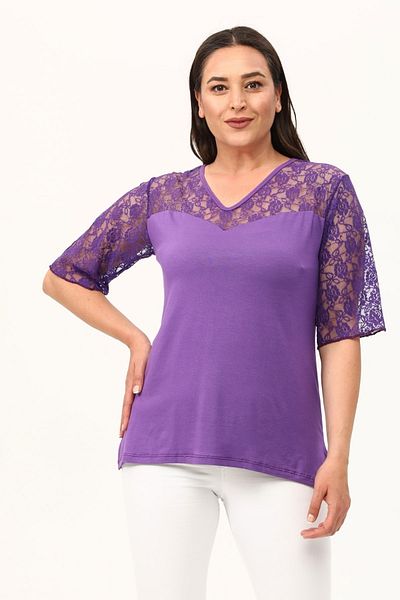 MJORA Purple Sweetheart Collar Plus Size Lace Blouse