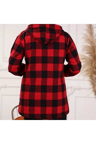 BİrHoşButik Large Size Cotton Lycra Hooded Sleeves with Elastic Buttons and Pockets Loose Cut Long Plaid Lumberjack Shirt