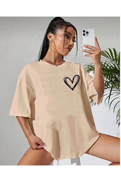 Revasser Minimal Heart Printed Light Beige Oversize