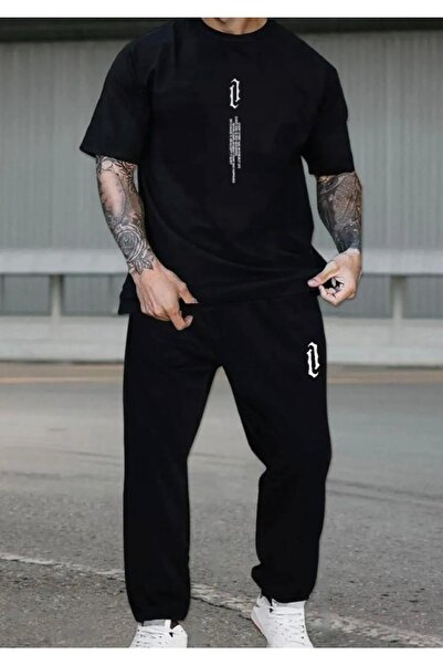 Revasser Ανδρικό σετ φόρμας με κάθετη στάμπα μαύρο oversize μπλουζάκι
