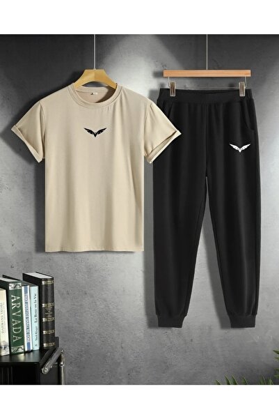 Revasser Unisex Bej - Siyah Eşofman Tişört Kanat Baskılı Takım