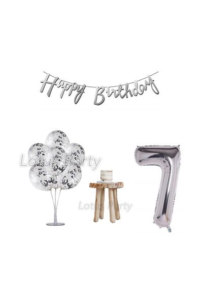 LOTUS PARTY Σετ για πάρτι γενεθλίων 7 ετών Silver Minimal Ασημένια παγιέτα Ασημένιο αριθμό Ασημένιο Happy Text