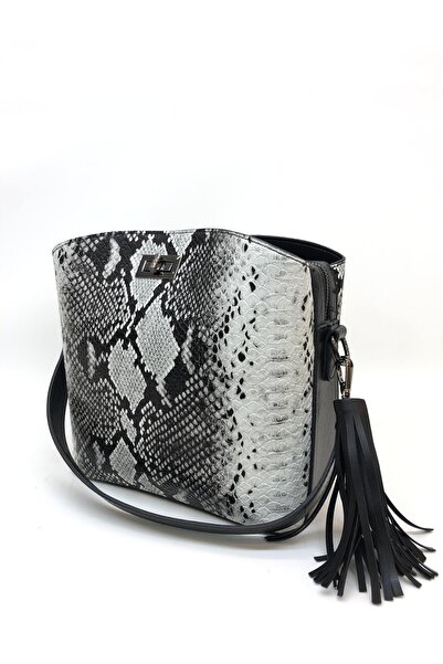 womenacs Black Anaconda Pattern, Can Be Used in Hand and with Shoulder Strap, With Tassel Accessory.