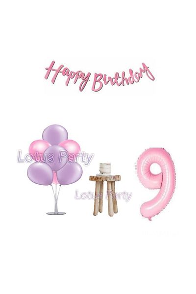 LOTUS PARTY Σετ για πάρτι γενεθλίων 9 ετών Pink Minimal Stand Balloon Pink Number Foil Balloon Pink Happy Text