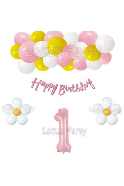 LOTUS PARTY 1 Year Old Daisy Themed Balloon Chain Set - Pink Yellow White Balloon - Pink Figure Foil Balloon