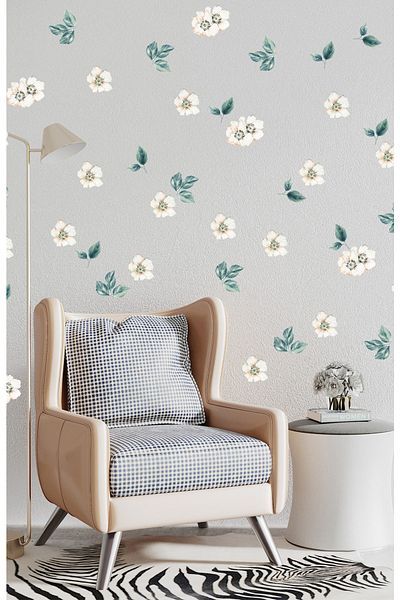 Sim Tasarım White Spring Flowers And Leaves Decorative Wall Sticker Set
