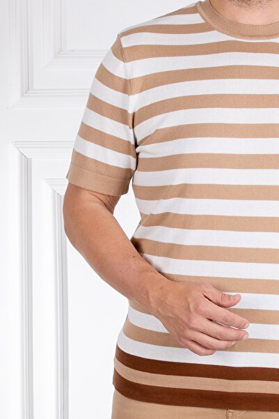 Sarar Інтерв'ю Сарар О Яка 100% бавовна Смугаста бежева Тонка трикотажна футболка