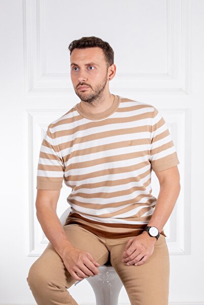 Sarar Інтерв'ю Сарар О Яка 100% бавовна Смугаста бежева Тонка трикотажна футболка