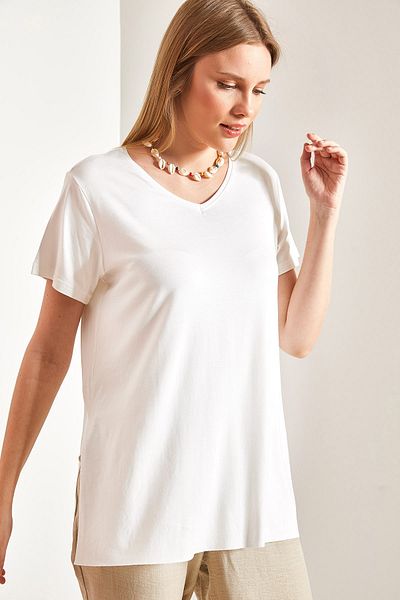 Bianco Lucci Damen-T-Shirt aus Viskose mit seitlichem Schlitz