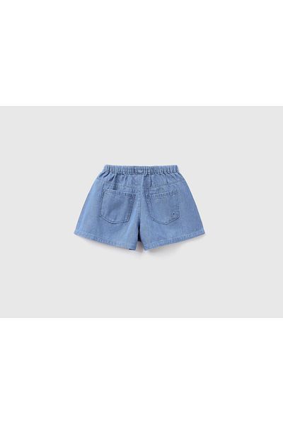 United Colors of Benetton Girl - Face Printed Logo Denim Shorts with Tags and Elastic Waistband