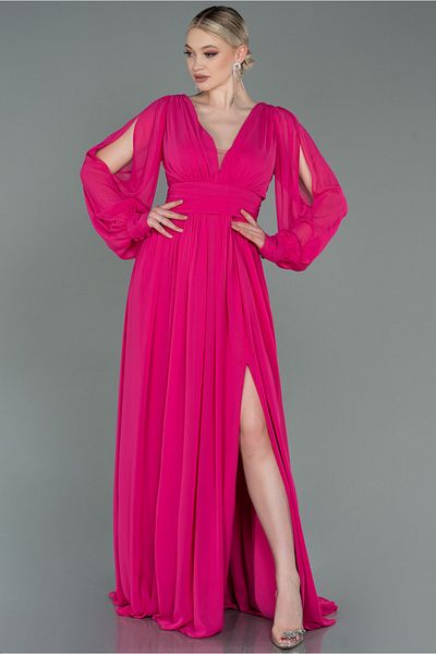 Abiyefon Fuchsia Long Sleeve Leg Low-cut Chiffon Evening Dress Abu1702
