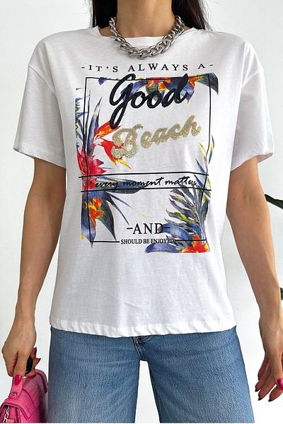 FEMELLE Tricou din bumbac brodat cu paiete, alb, sezon nou Good Beach
