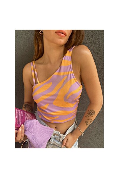 NEWLAKER Bluză crop cu tăietură asimetrică cu o singură mânecă