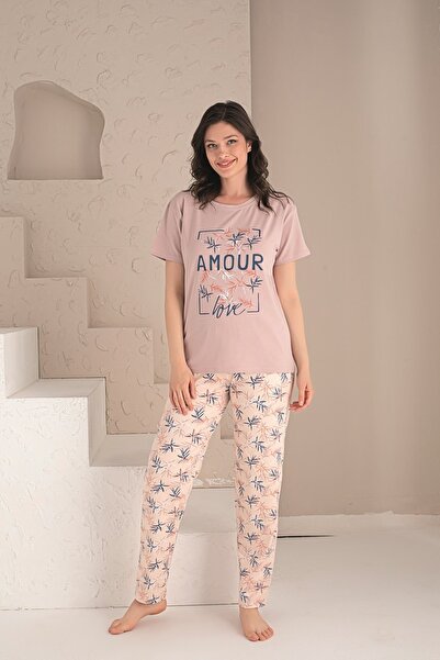 KAPİTEX Komplet pidžama kratkih rukava Štampano okrugla kragna u boji praha