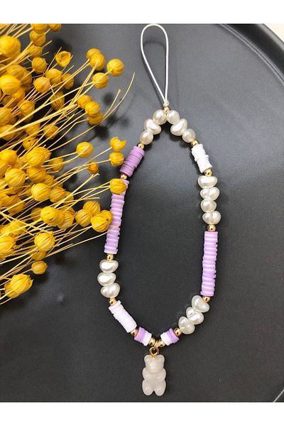 Stoneday White Jelly Bear Figured Gold Detailed Lilac White Fimo Bead Phone Strap Charm Rope Accessory